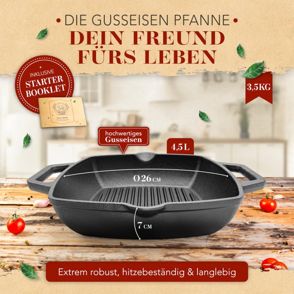 KRUSTENZAUBER 26cm Grillpfanne Induktion Doppelgriff - Geriffelte Gusseisenpfanne Induktion - Ideale Gusseisen Pfanne, Eisenpfanne, Cast Iron Pan, Bratpfanne, Gusseiserne Pfanne Skillet Gusspfanne
