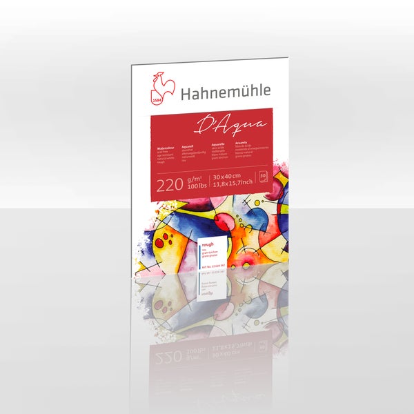 Hahnemühle Logo, Aquarellpapier D'Aqua, 220 Gramm pro Quadratmeter, 30 mal 40 Zentimeter, 30 Blatt, rau, säurefrei.