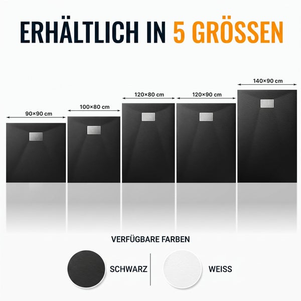 Übersicht der fünf verfügbaren Größen für Duschwannen mit Ablaufabdeckung, erhältlich in den Ausführungen in einer neutralen Farbe und in Weiß.