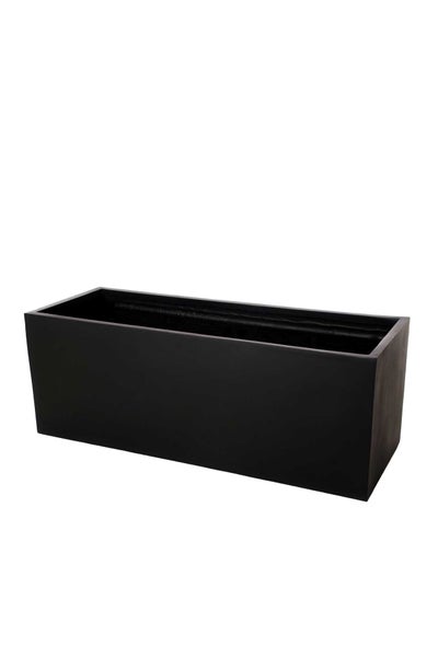 Rechteckiger Pflanzkasten in Schwarz, schlichtes Design für Garten und Balkon.