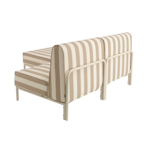 Gartenlounge-Set bestehend aus Sofa und Hocker mit gestreiften Polstern und Metallgestell, Rückansicht.