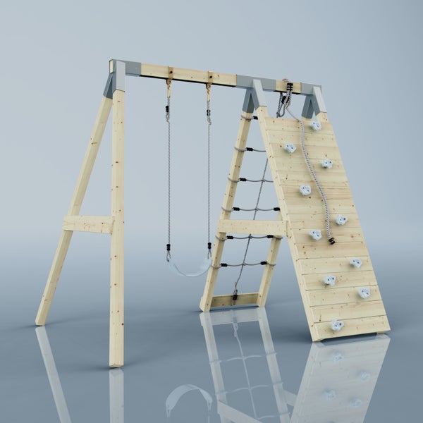 Kinderspielgerät aus Holz mit Schaukel, Kletterwand und Strickleiter.