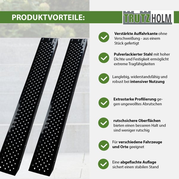 Zwei Stahl Auffahrrampen mit Lochmuster und Produktvorteile im Überblick.