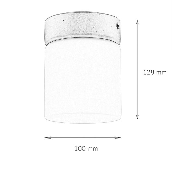 Technische Zeichnung einer Deckenleuchte mit den Maßen 128 mm Höhe und 100 mm Durchmesser