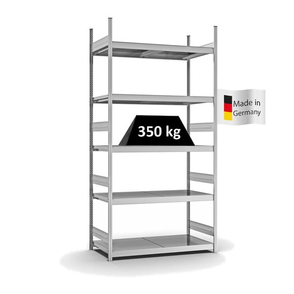 PROREGAL Weitspannregal Stecksystem T-Profil Grundregal HxBxT 300x150x60 cm 5 Ebenen Stahlplatten Fachboden Fachlast 350 kg Verzinkt