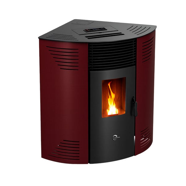 Eck-Pelletofen Sannover in Rot und Schwarz mit Sichtscheibe und digitalem Bedienfeld.