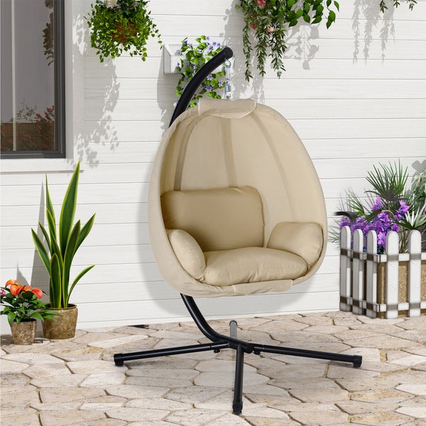 Outsunny Eiförmiger Hängesessel für den Außenbereich, Hängeschaukel mit abnehmbar waschbar Sitz, Gestell, Hängematte für 1 Personen, Schaukelsessel für Indoor Outdoor, Terrasse, Garten, Khaki