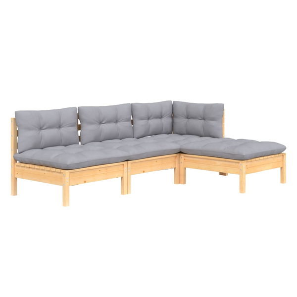 4-tlg. Garten-Lounge-Set mit Grauen Kissen Kiefernholz