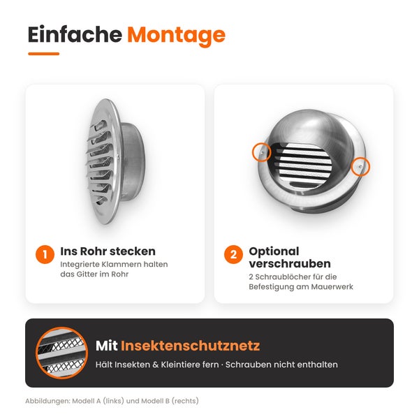Montageanleitung für Lüftungsgitter mit Insektenschutznetz, Darstellung der Steckmontage und der optionalen Verschraubung am Mauerwerk.