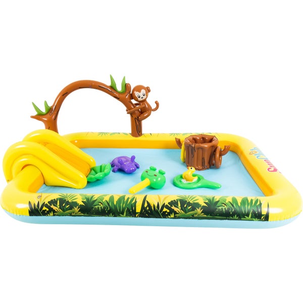 Aufblasbares Planschbecken im Dschungel Design mit Rutsche, Affenfigur, Baumstumpf und Wasserspielzeug für Kinder.