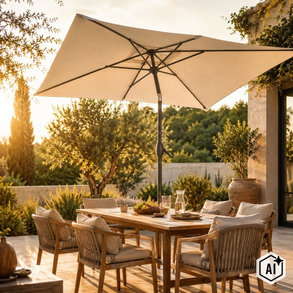 Gartenterrasse mit rechteckigem Sonnenschirm über einem hölzernen Esstisch mit Stühlen im Sonnenuntergangslicht