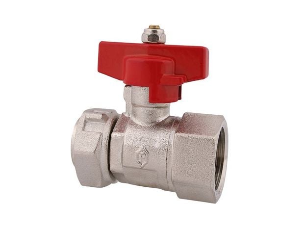 Kugelhahn aus vernickeltem Messing mit rotem Flügelgriff für Wasserinstallationen.