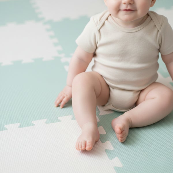 Baby sitzt auf einer ineinandergreifenden Puzzlematte aus Schaumstoff mit strukturierter Oberfläche für das Kinderzimmer.