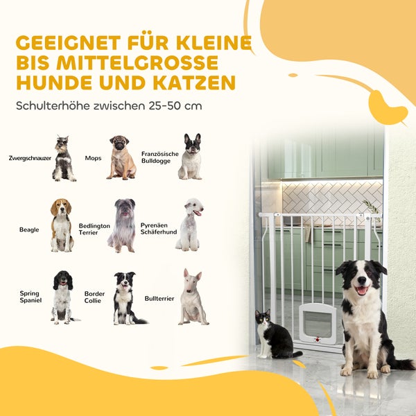 Weißes Absperrgitter für kleine bis mittelgroße Hunde und Katzen mit integrierter Tierklappe, installiert vor einem Küchendurchgang.