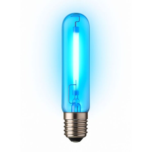 Röhrenförmiges Leuchtmittel mit blauem Glas und E27-Sockel, blau leuchtend