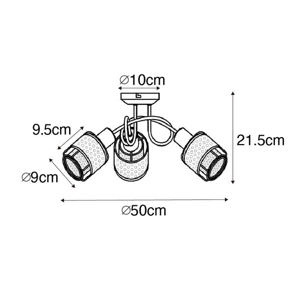 Technische Zeichnung einer Deckenleuchte mit drei Strahlern und Maßangaben