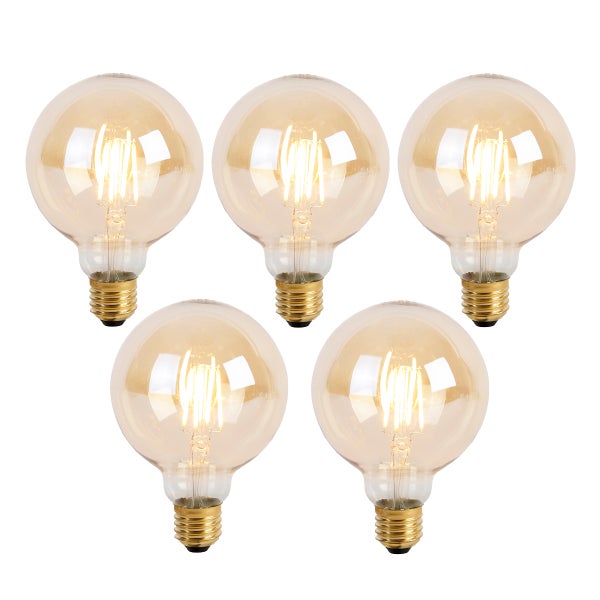 Fünf LED-Filament-Leuchtmittel in Globusform mit E27-Sockel und bernsteinfarbenem Glas.