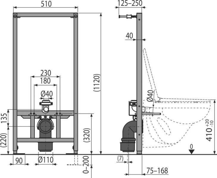 Technische Zeichnung eines Vorwandelements für Toiletten mit Maßangaben in Millimetern.