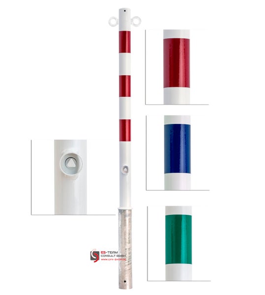 Absperrpfosten  Ø60mm 1,2 Meter verzinkt + weiße Beschichtung herausnehmbar  Dreikant + 3 Reflexringen  grün Ohne Ösen