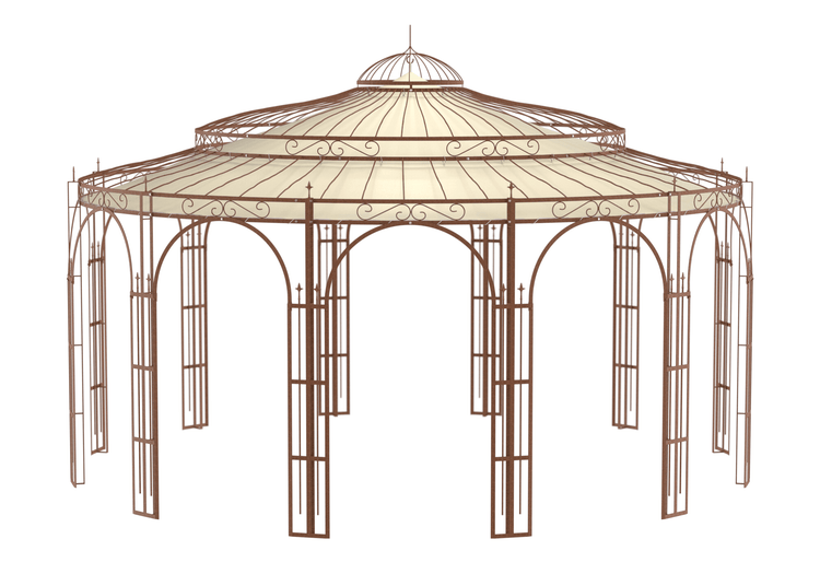 Pavillon ELEO Toskana Ø 5,5 m unbeschichtet - Edelrost | mit Dekorkugel und Sonnensegel ecru