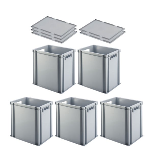 PROREGAL SuperSparSet 5x Eurobehälter mit Offenem Griff und Auflagedeckel HxBxT 40 x 30 x 40 cm 37 Liter Grau Eurobox Transportbox