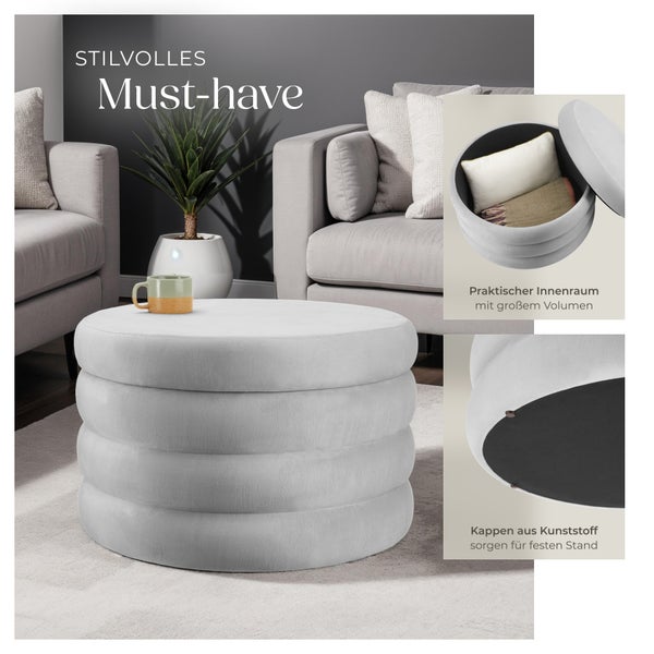 Sitzhocker mit Stauraum tectake Altu XL 67 x 42 cm rund Samtoptik grau