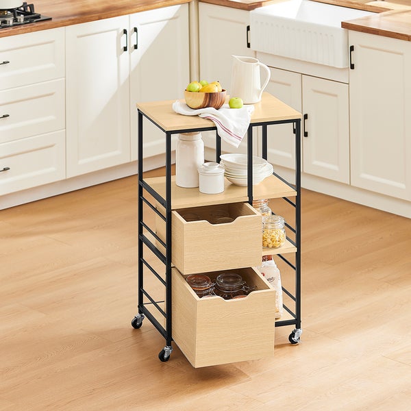 Küchenwagen mit zwei Schubladen und mehreren Regalen auf Rollen im Küchenbereich.