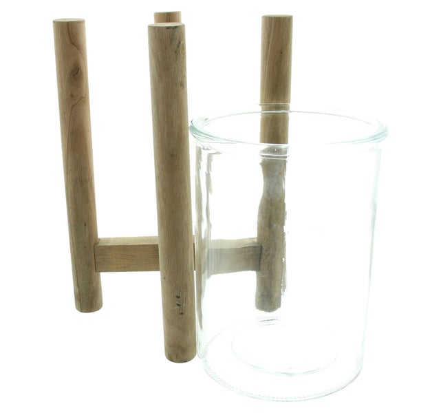 FRANK FLECHTWAREN | Windlicht Holzrahmen, GLAS, PAPPEL, 16 x 16 x 30 cm, Glas Ø 15 x 21 cm