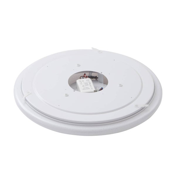 Weiße runde LED Deckenleuchte von hinten mit Transformator und Kabeln in der Mitte