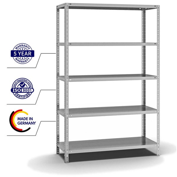 PROREGAL Fachbodenregal Schraubsystem Medium-Duty Grundregal HxBxT 200 x 130 x 50 cm 5 Ebenen Fachlast 200 kg Beidseitig Nutzbar Verzinkt