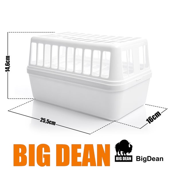 Weiße Kunststoff-Transportbox für Kleintiere mit Maßen: 25,5 Zentimeter Länge, 16 Zentimeter Breite, 14,6 Zentimeter Höhe. Big Dean Logo.