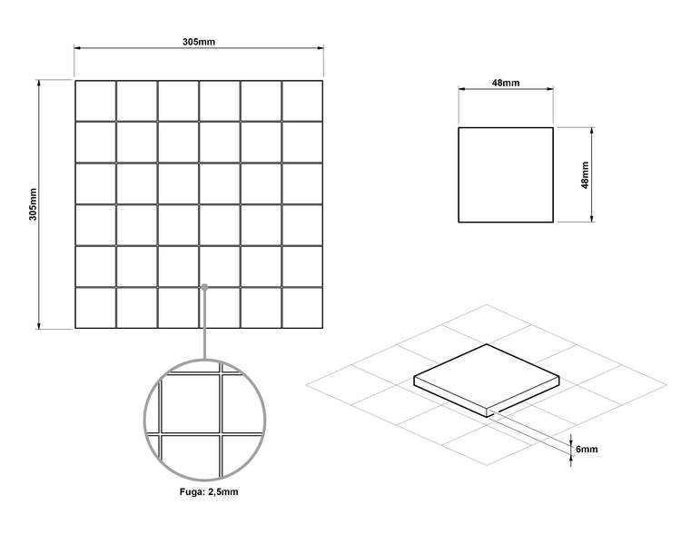 Mosaikfliese Maße: Matte 305 mal 305 Millimeter, Einzelfliese 48 mal 48 Millimeter, Stärke 6 Millimeter, Fuge 2,5 Millimeter.