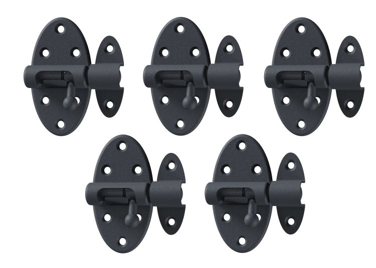 Set mit 5 Riegeln mit ovaler Montageplatte für Türen und Tore aus Metall zur sicheren Verriegelung.