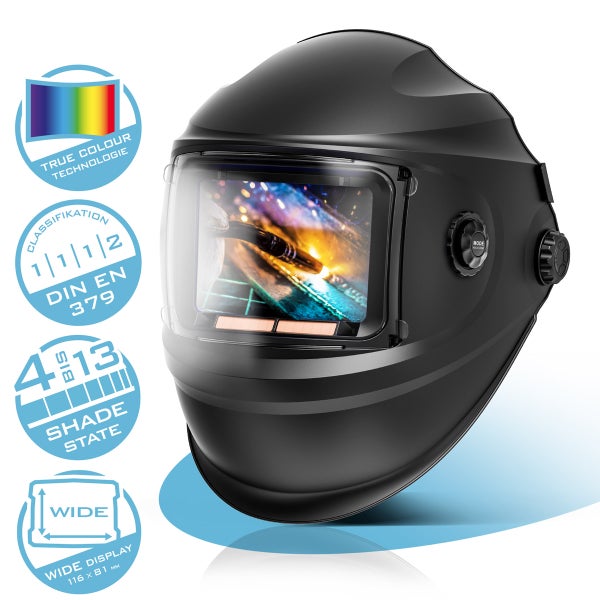 Schweißhelm mit Sichtfenster und verschiedenen Technologie-Logos.
