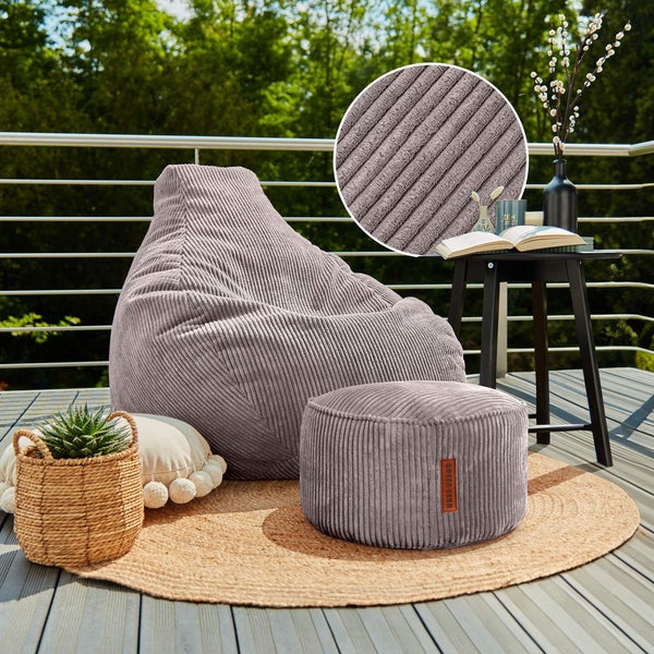Green Bean Sitzsack mit Hocker aus Cord - Sitzsäcke für das Wohnzimmer, Schlafzimmer, Sitzsack-Sessel für Erwachsene Hellgrau