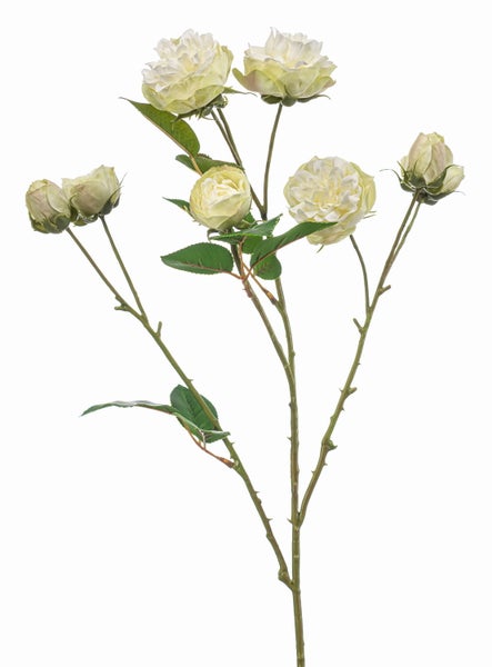 Künstliche Rose aus Textil in Weiß mit grünen Blättern.