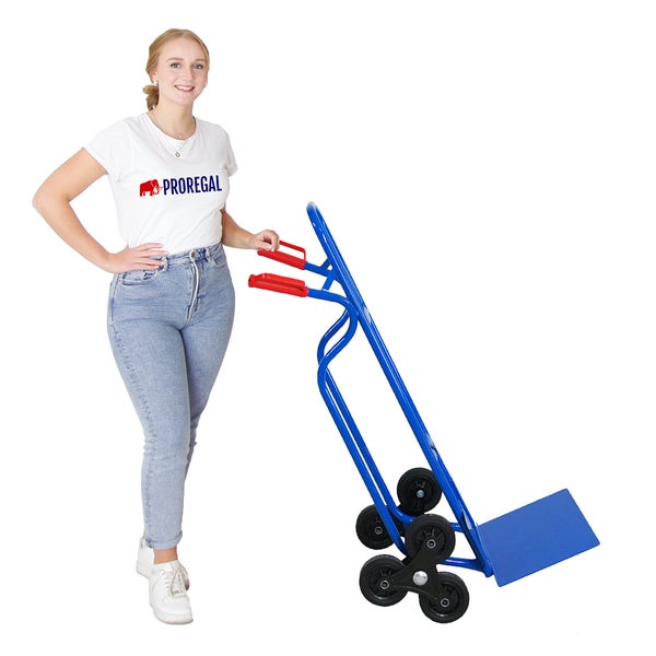 PROREGAL Treppensteiger RAGNAR mit XXL klappbarer Schaufel HxBxT 117x60x60cm Tragkraft 250kg 3 Vollgummireifen Stahlrahmen Blau Treppensackkarre Transportkarre klappbar