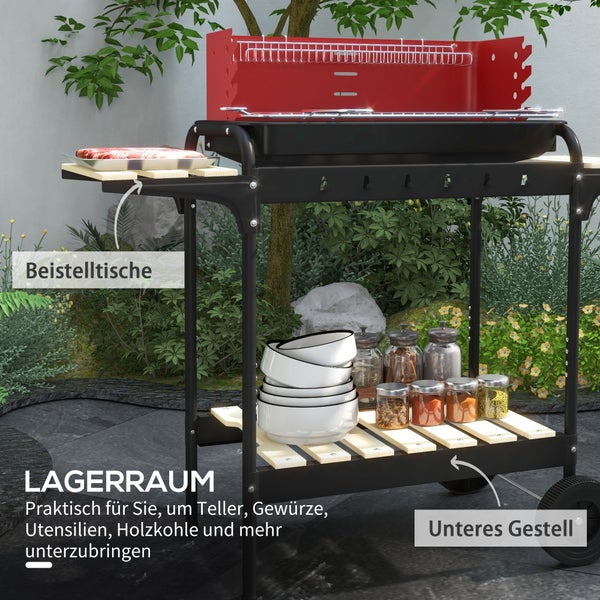 Outsunny Holzkohlegrill aus Metall BBQ Smoker mit Räder, höheverstellbar Grillrost, Holzablage, fahrbar Grillwagen Holzkohle Grill, Kohlegrill für Barbeque Camping, Terrasse, 103x47x95 cm