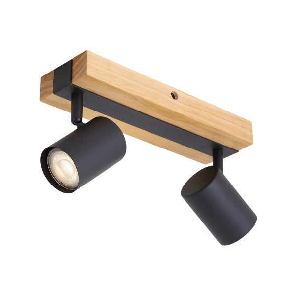 Zweiflammiger Deckenspot aus Holz und Metall in moderner Optik