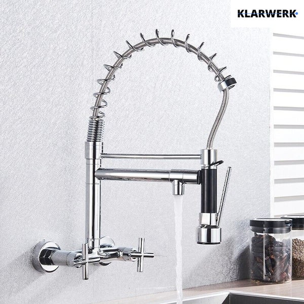 Björn | Gastronomie Wandmontage Armatur Chrom glänzend | Profi Küchenarmatur Edelstahl Zwei Brausen | Doppelspülbecken Wasserhahn Restaurant Wand