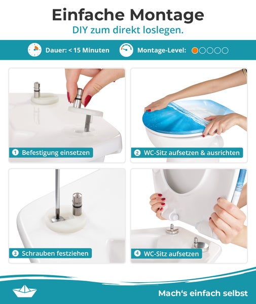 Calmwaters® WC Sitz Motiv Meeresglanz einfache Montage, Toilettendeckel bis 250 kg, Made in EU, antibakterieller Duroplast, Absenkautomatik, 2 Montage Optionen, abnehmbar, Klobrille, oval