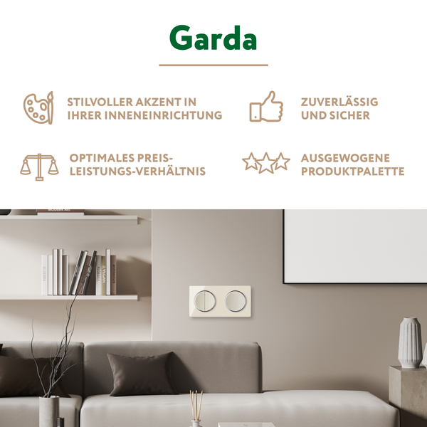 Garda Lichtschalter in modernem Wohnzimmer mit stilvoller Einrichtung und dekorativen Elementen.