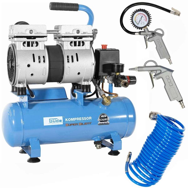 Güde Kompressor Super Silent Air Power 105/8/6 Set in Blau mit Reifenfüllmesser, Ausblaspistole und Spiralschlauch