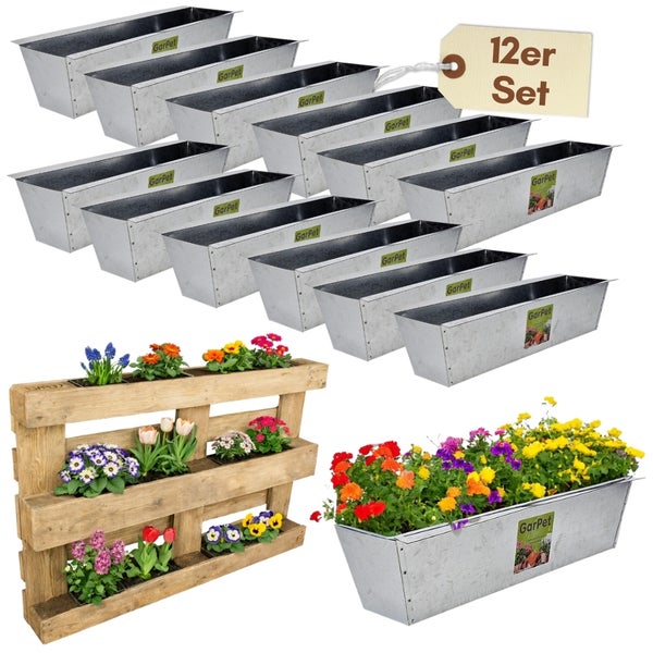 12er Set GarPet Blumenkästen aus verzinktem Metall für Europaletten, ein bepflanzter Kasten und ein bepflanztes Palettenregal aus Holz.