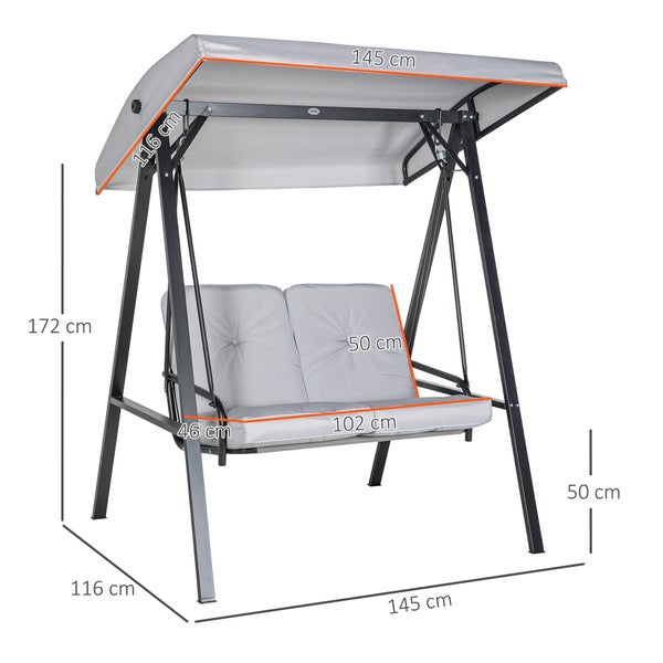 Outsunny Hollywoodschaukel 2-Sitzer Gartenschaukel mit Verstellbarem Dach, Kissen, Schaukelbank bis 220 kg Belastbar, für Garten, Balkon, Grau, 145 x 116 x 172 cm