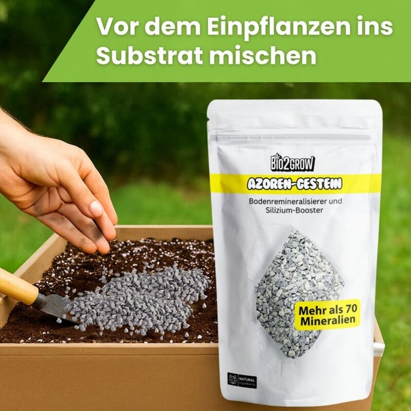 Bodenverbesserungsmittel Azoren Gestein zur Substratmischung mit Schaufel und Pflanzkasten