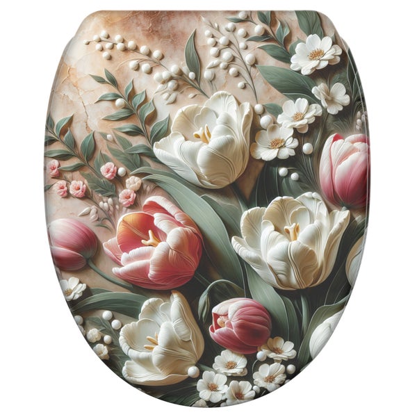 Toilettensitz mit floralem Motiv von Tulpen und Blumen auf strukturierter Oberfläche