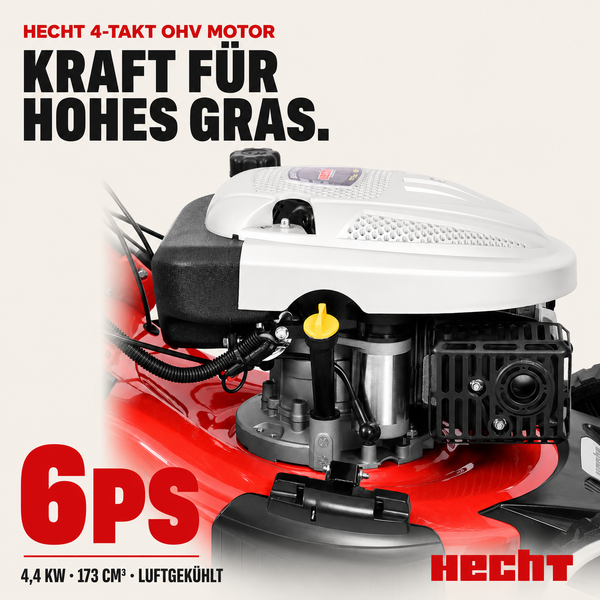 Hecht 4-Takt-OHV-Motor für Rasenmäher mit 6 Pferdestärken, 4,4 Kilowatt und 173 Kubikzentimeter Hubraum, luftgekühlt. Hecht Logo.