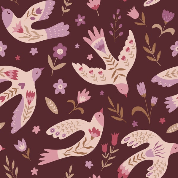 Nahtloses Muster mit stilisierten Vögeln und Blumen
