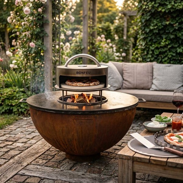 Metall-Feuerschale von MOODZ mit BONFEU Pizzaofen-Aufsatz auf einer Terrasse im hellen Garten neben Loungemöbeln und einem Holztisch.
